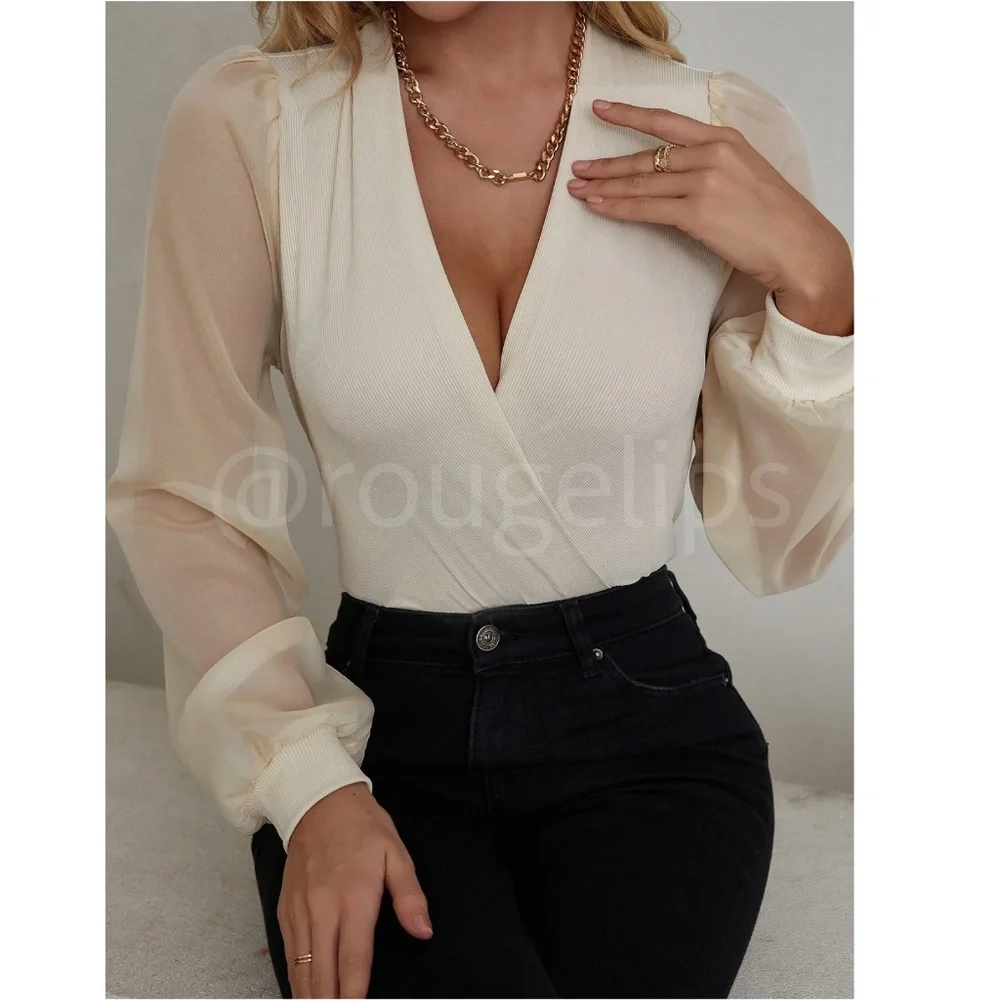 Beige Elegant V neck Bodysuit Surplice Decolleté V-Neck Long Bishop Sheer Sleeve - Picture 5 of 8